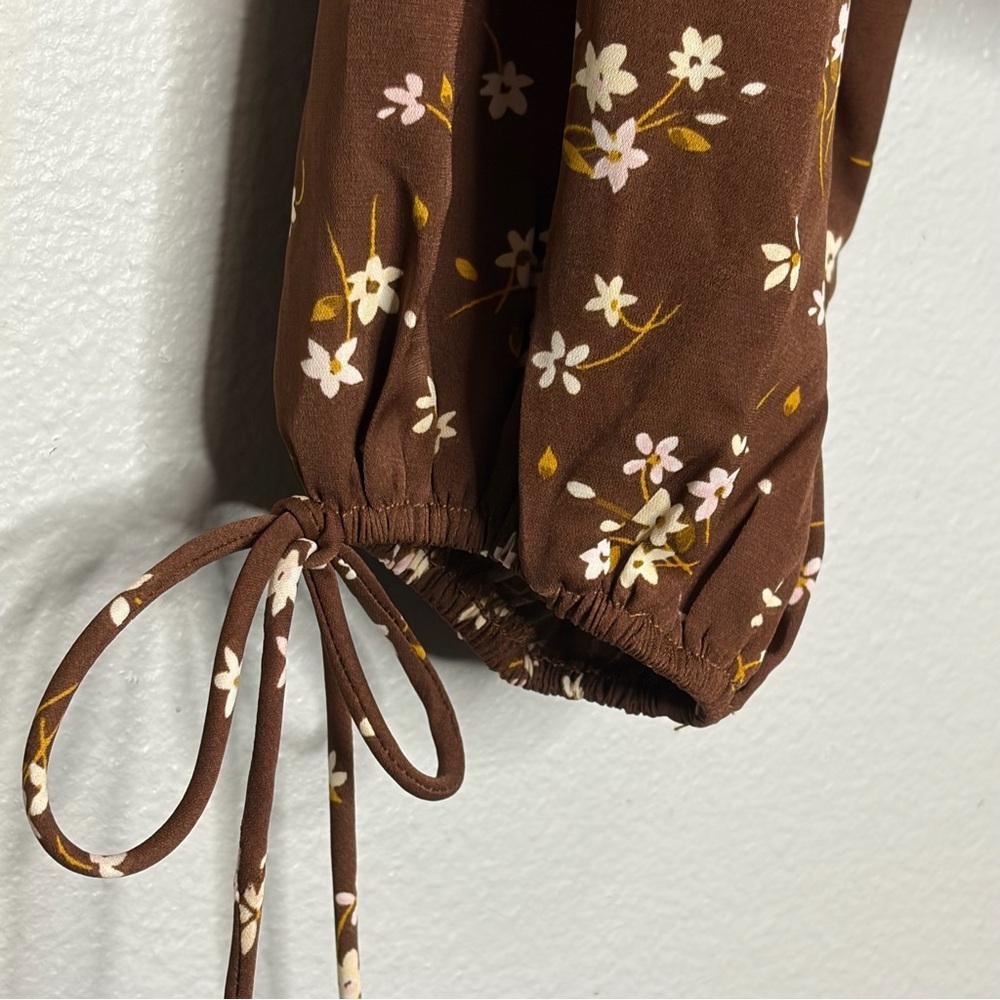 Mi Ami Francesca Crop Blouse Large Brown Floral Boho Smocked Cottagecore Prairie - Picture 3 of 7